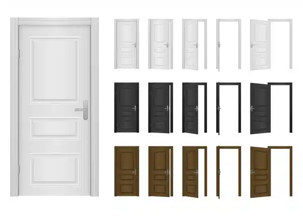 Various white, black, and brown doors shown in open and closed positions, illustrating design and style differences.