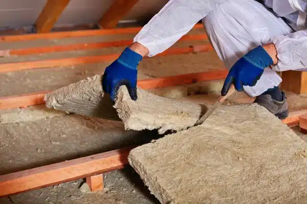 Worker installing insulation panels in an attic, wearing protective gear and gloves.