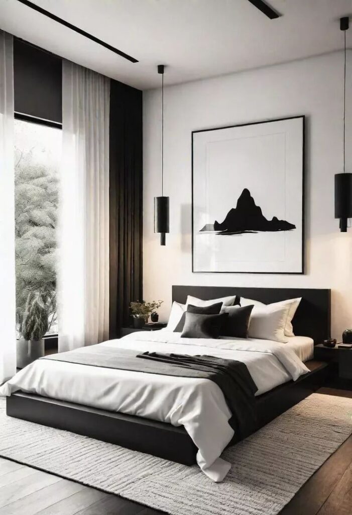 df30b32568061ec5ff2cc3a54d7ca5f3 Modern bedroom with minimalist decor, black and white theme, abstract art, and pendant lights. | Sky Rye Design Modern bedroom with minimalist decor, black and white theme, abstract art, and pendant lights.