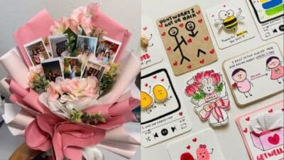 Pink photo bouquet with floral accents and cute handmade cards featuring doodles and loving messages.