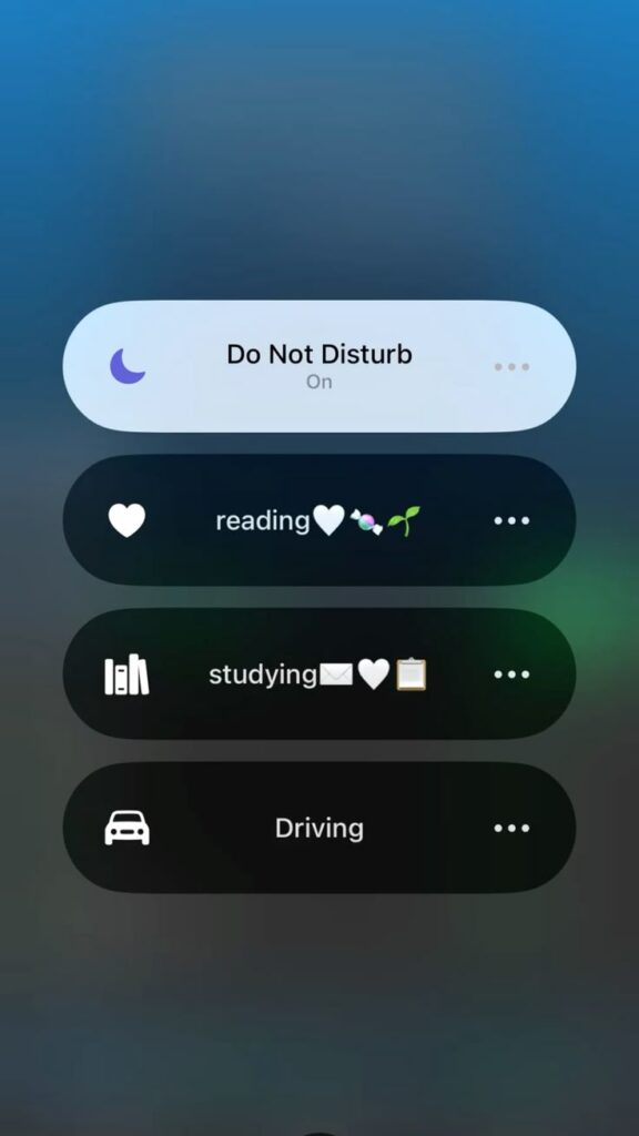 Phone screen showing Do Not Disturb mode with focus options for reading, studying, and driving.