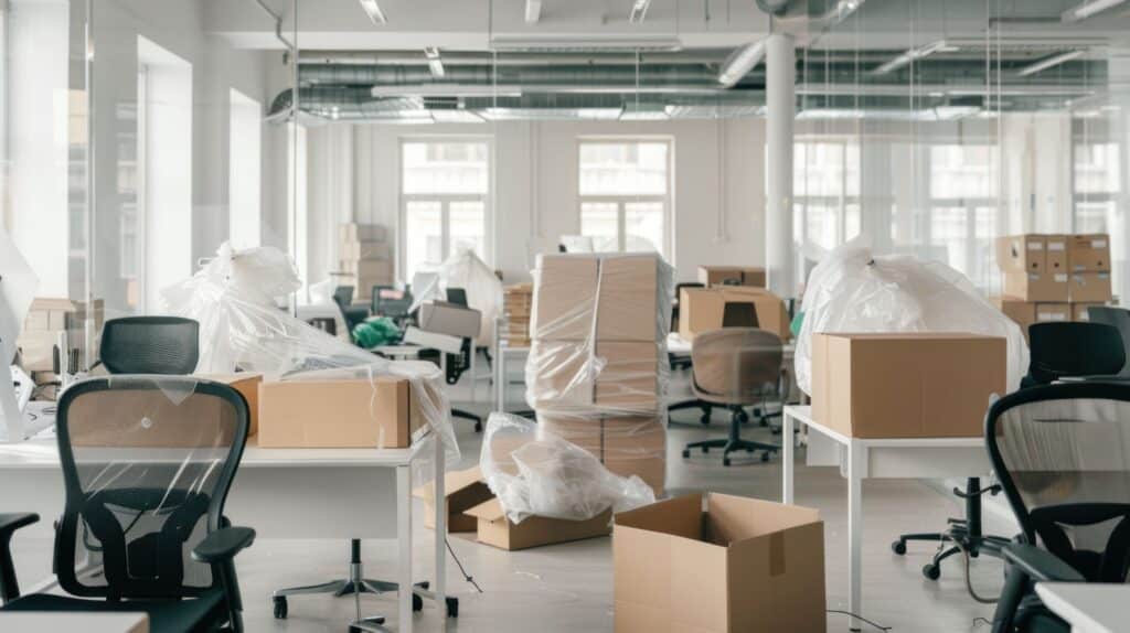 Office during relocation with cardboard boxes and plastic-wrapped furniture, ready for unpacking and setup.