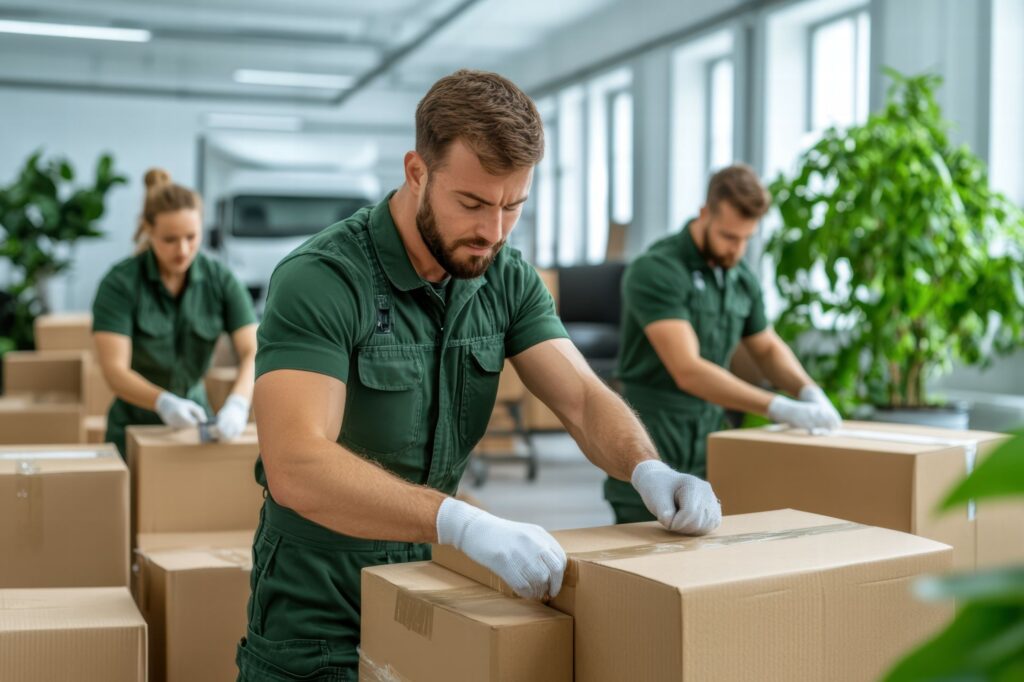 download Workers in green uniforms packing boxes in a warehouse setting with plants. | Sky Rye Design Workers in green uniforms packing boxes in a warehouse setting with plants.