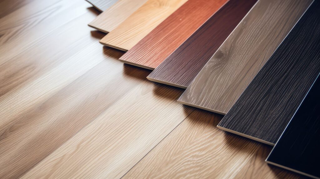 download 2 Various shades of laminate flooring samples displayed in a fan arrangement on a wooden surface. | Sky Rye Design Various shades of laminate flooring samples displayed in a fan arrangement on a wooden surface.