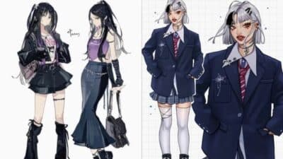 Stylish anime characters in trendy outfits: skirts, boots, jackets. Fashionable illustration of creative designs.