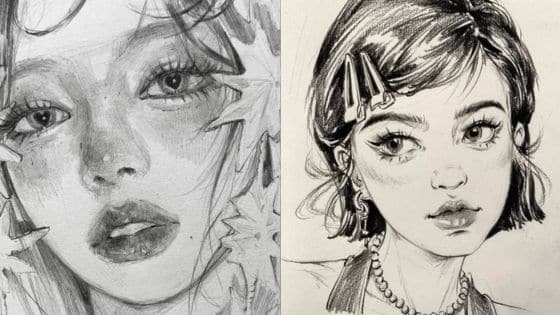 drawing portraits Pencil sketches of two women with detailed facial expressions and unique hairstyles. | Sky Rye Design Pencil sketches of two women with detailed facial expressions and unique hairstyles.