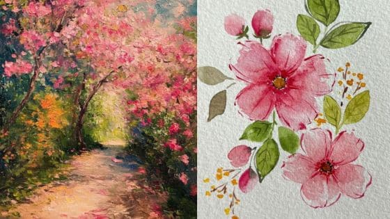 drawings of flowers Colorful floral pathway on the left and pink watercolor flowers on the right, showcasing nature's beauty in art. | Sky Rye Design Colorful floral pathway on the left and pink watercolor flowers on the right, showcasing nature's beauty in art.