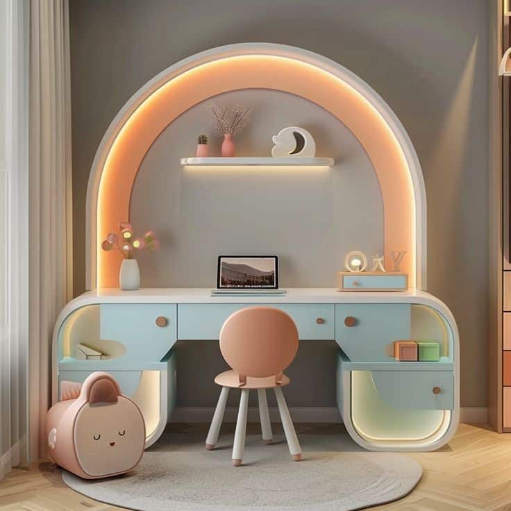 Modern kids' study desk with arch lighting, laptop, and playful decor in pastel colors. Cozy and organized workspace.