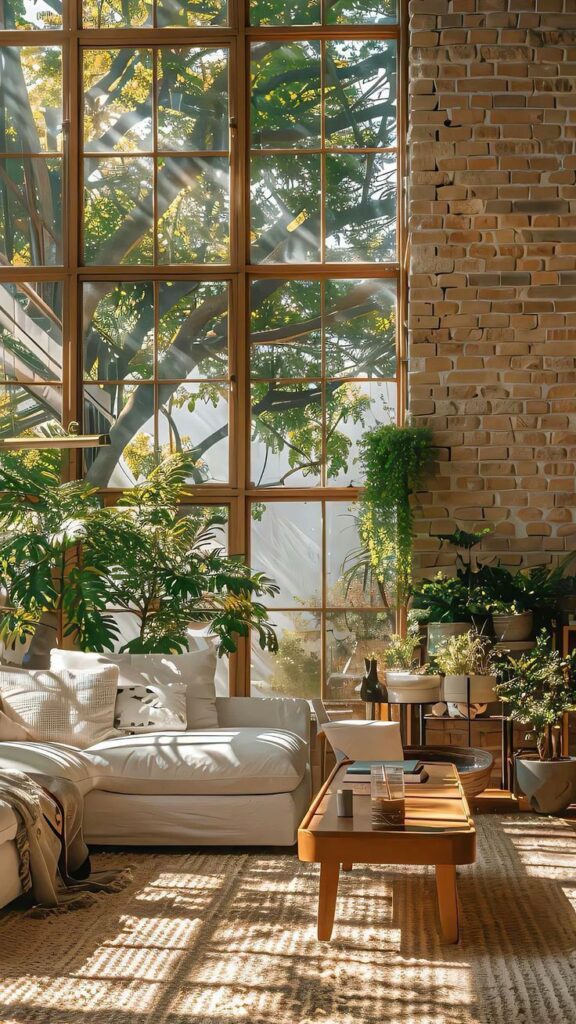 e0a41e41-479a-4101-a80c-13d36ba0bfb6 Sunlit living room with large windows, lush plants, white sofa, and wooden coffee table in a cozy, natural setting. | Sky Rye Design Sunlit living room with large windows, lush plants, white sofa, and wooden coffee table in a cozy, natural setting.