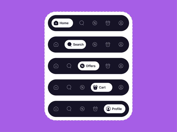 UI navigation menu buttons for home, search, offers, cart, and profile on a purple background.