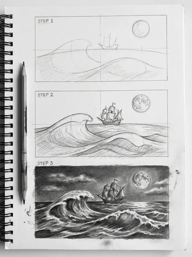 Pencil sketch tutorial in spiral sketchbook showing three-step progression: rough composition to detailed moonlit ship and crashing ocean waves.