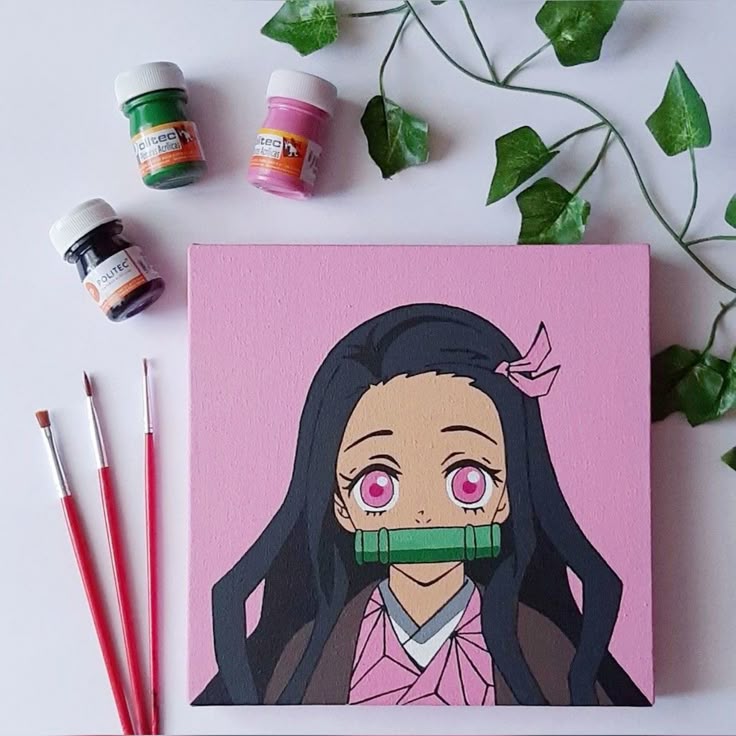 Anime character painting on canvas with paints, brushes, and leaves surrounding it, on a plain background.