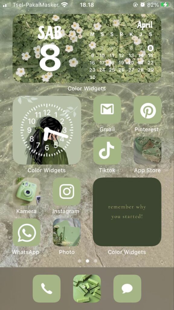 Aesthetic green-themed mobile home screen featuring calendar, clock, and social media app icons.
