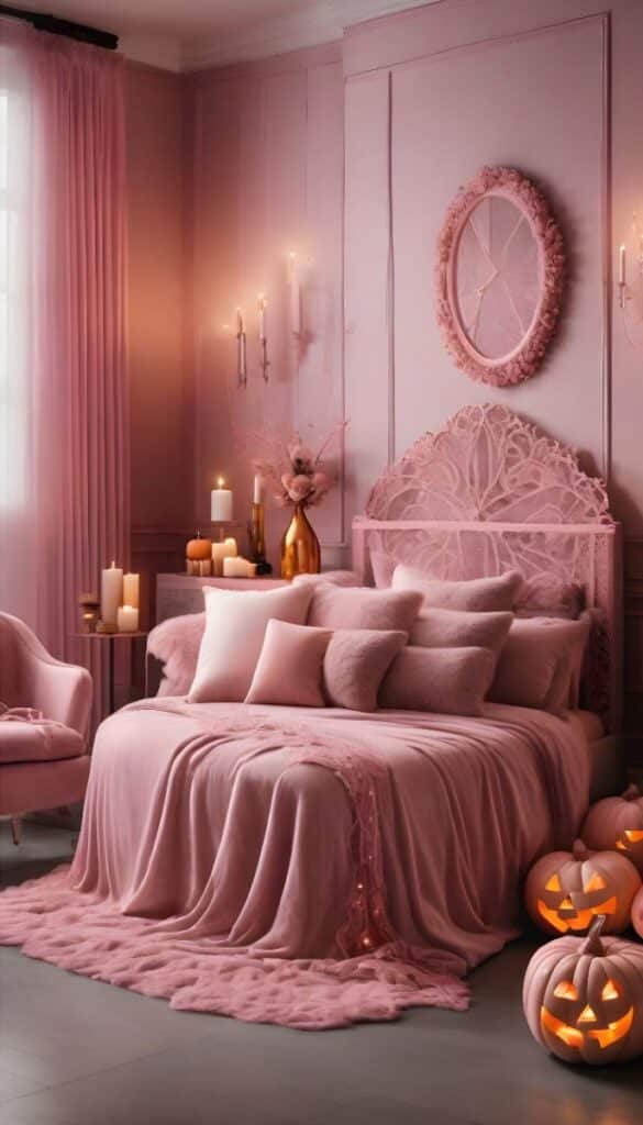 Chic pink bedroom with cozy decor, elegant headboard, plush pillows, candles, and festive pumpkins for a warm ambiance.