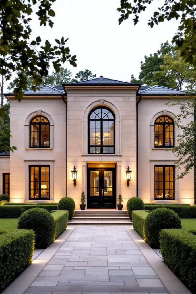 Elegant two-story house with manicured hedges, large windows, and a stone pathway leading to the entrance.