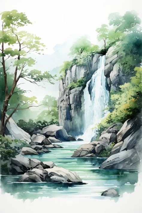 Watercolor painting of a serene waterfall flowing through lush forest and rocks, reflecting tranquility and natural beauty.