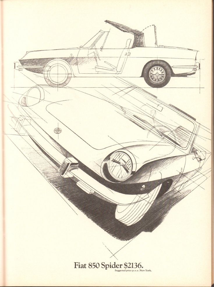 Sketch of Fiat 850 Spider convertible design, showcasing front and side views with price listing.