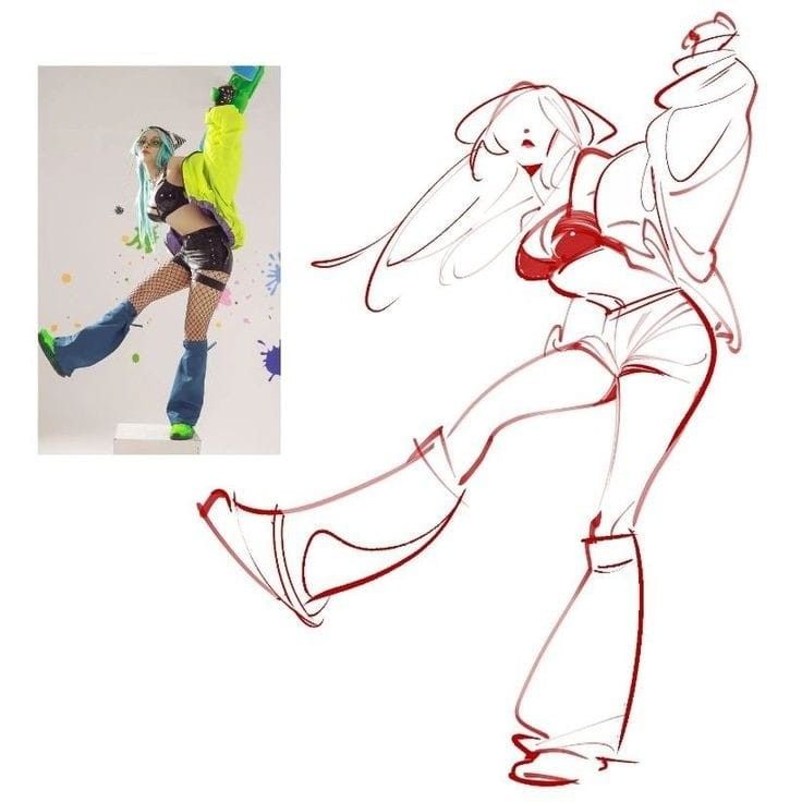 Energetic character design with colorful futuristic outfit and dynamic pose, paired with a matching sketch.