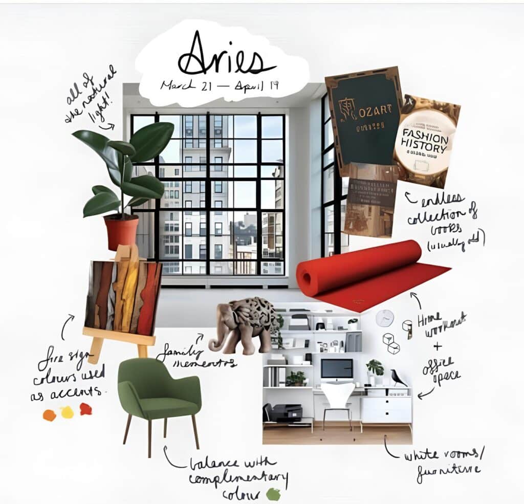 e6706b57-d177-418e-92f3-d6aaba83b434 1 Aries home decor inspiration: natural light, red accents, books, yoga mat, modern workspace, green chair, family memorabilia. | Sky Rye Design Aries home decor inspiration: natural light, red accents, books, yoga mat, modern workspace, green chair, family memorabilia.