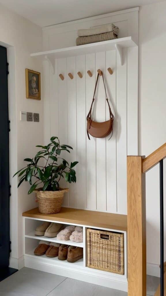 Stylish entryway with shoe storage, hanging bag, and plant in a basket for a tidy, welcoming home decor.
