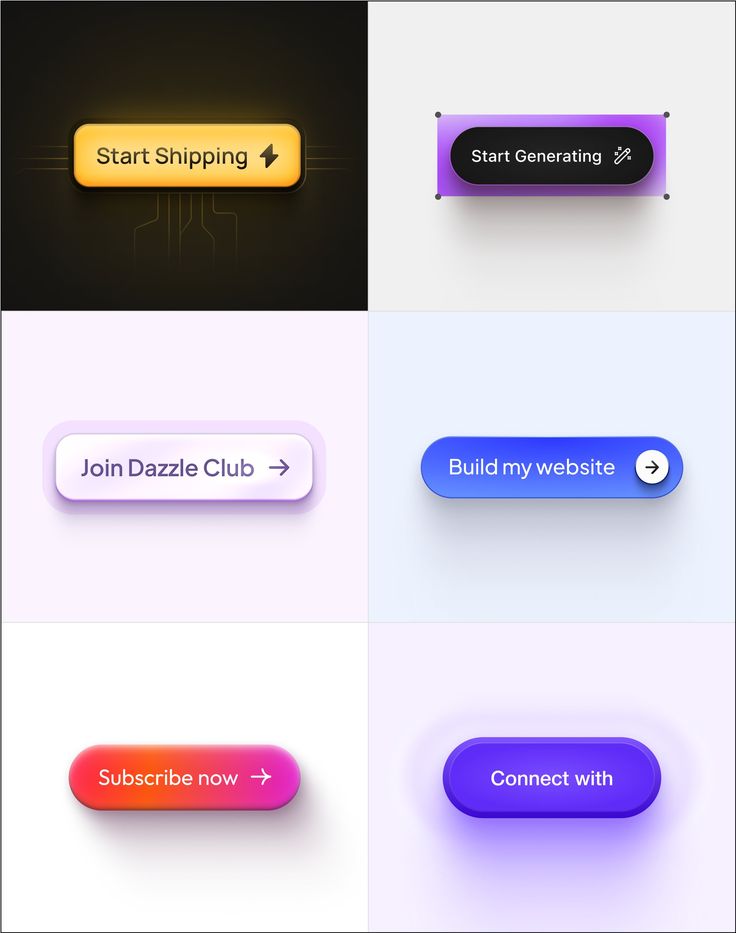 Colorful UI buttons with text: Start Shipping, Start Generating, Join Dazzle Club, Build my website, Subscribe now.
