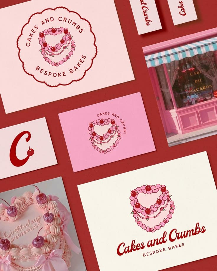 Cakes and Crumbs branding design with pink bakery storefront and logo featuring cherry accents.