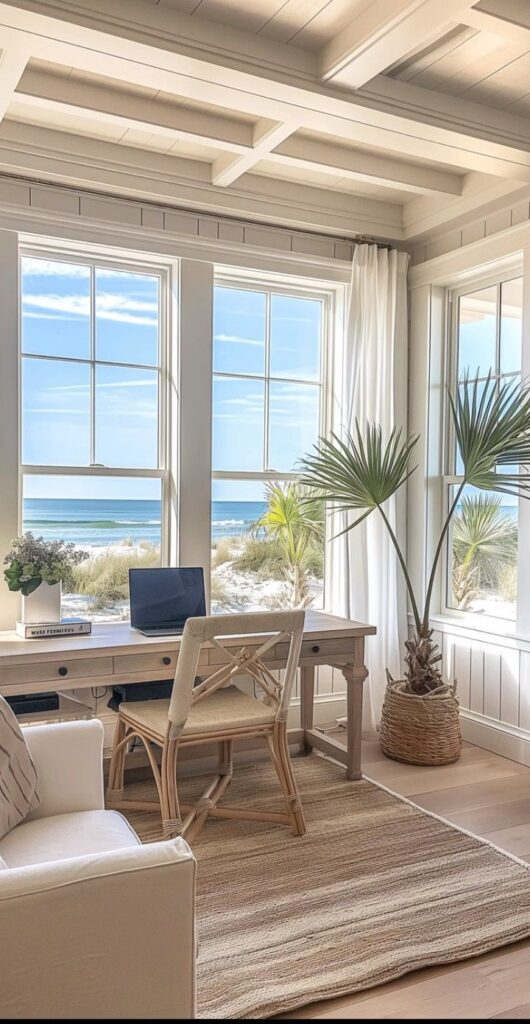 Coastal home office with ocean view, sunlight streaming through windows, cozy beach-inspired decor.