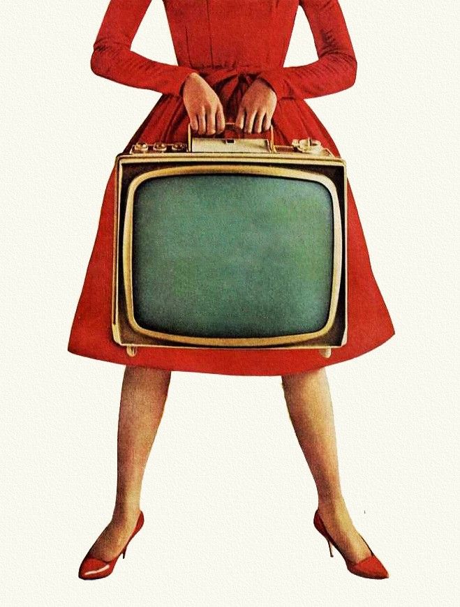 Vintage TV art: Woman in red dress holding retro television like a suitcase.