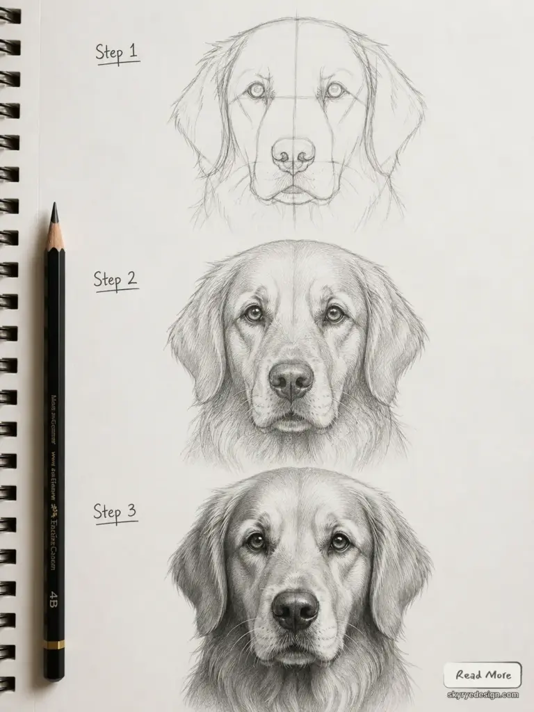 77ce01bf-5fb0-42f9-ac5a-93986b871f73 Three-step pencil tutorial showing realistic golden retriever portrait progression in a spiral sketchbook | Sky Rye Design Three-step pencil tutorial showing realistic golden retriever portrait progression in a spiral sketchbook