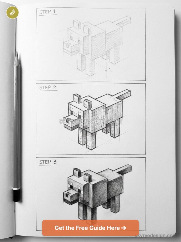 How to draw a Minecraft-style dog: step-by-step pencil sketches in three stages on a sketchbook