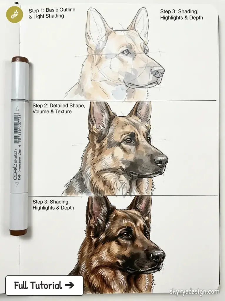 German Shepherd drawing tutorial: step-by-step sketch, detailed shaping, shading and highlights with marker on sketchbook.