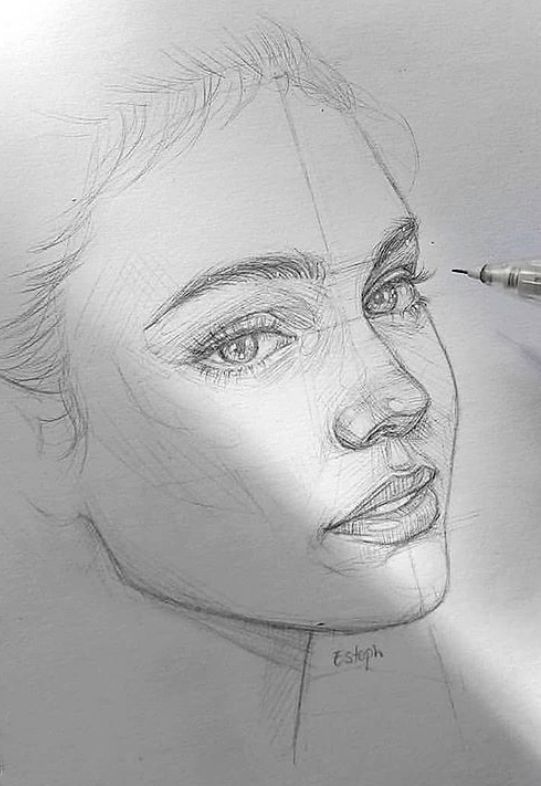 Pencil sketch of a woman's face with detailed eyes, hair, and lips. Fine lines show artistic shading and depth.