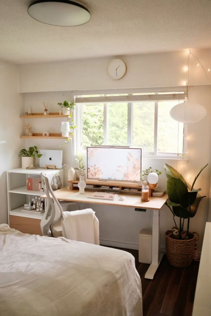 Minimalist home office with desk, monitor, plants, and natural light. Cozy and organized workspace in a bedroom setting.