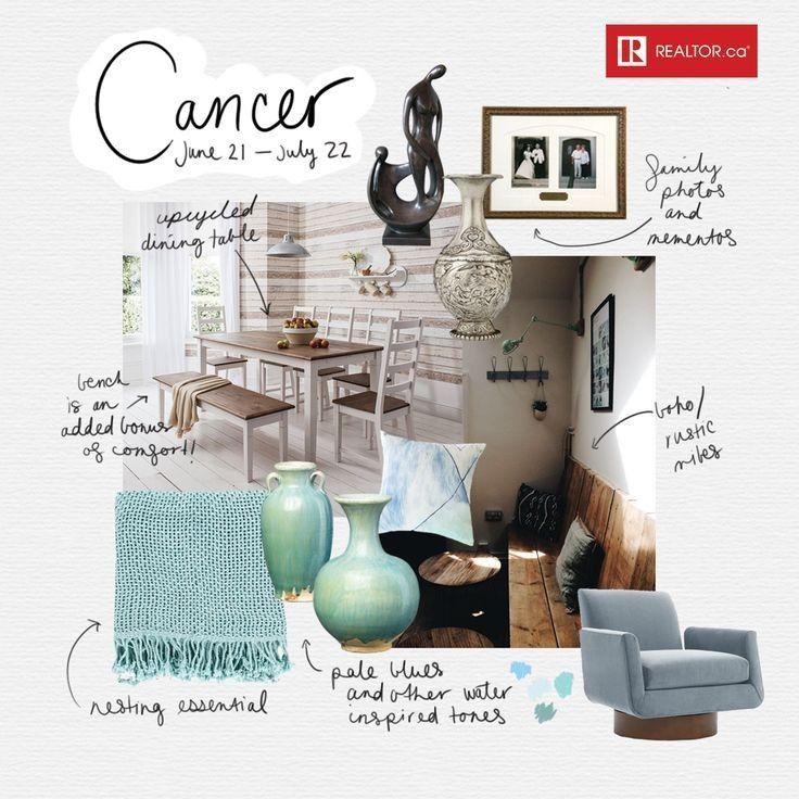 Cancer decor style: cozy dining area, rustic vibes, pale blue tones, family photos, and upcycled furniture inspirations.