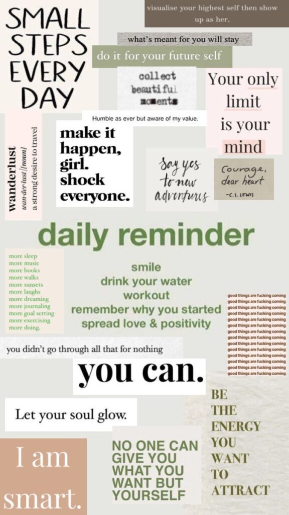 Collage of motivational quotes including Small steps every day and Your only limit is your mind.