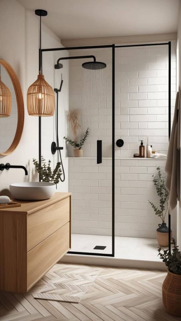 Modern bathroom with wood accents, glass shower, and sleek fixtures. Minimalist design with natural tones and greenery.
