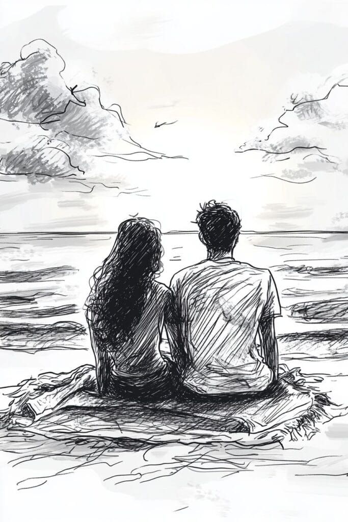 Sketch of a couple sitting on a beach, viewing a scenic sunset with clouds and ocean waves in the background.