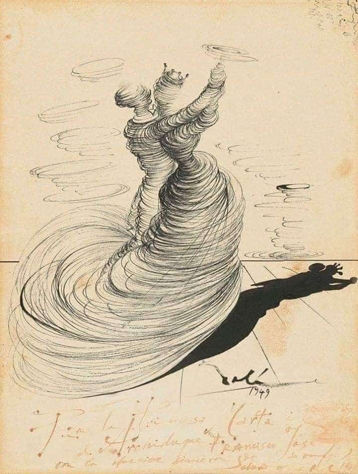 Surreal drawing of swirling figures dancing, casting a shadow, with intricate line work and abstract details.