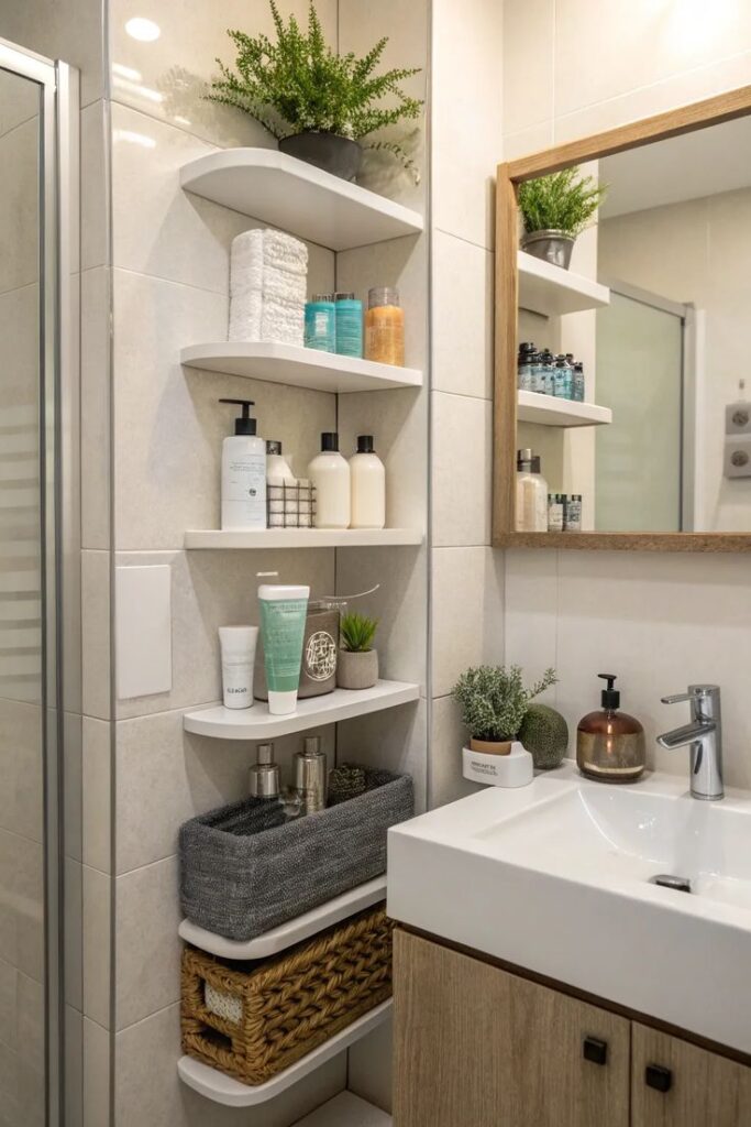 ef9d3ba6a3229a9f87afc9336e454726 Modern bathroom corner shelves with toiletries, plants, and towels next to a sink with a stylish faucet. | Sky Rye Design Modern bathroom corner shelves with toiletries, plants, and towels next to a sink with a stylish faucet.