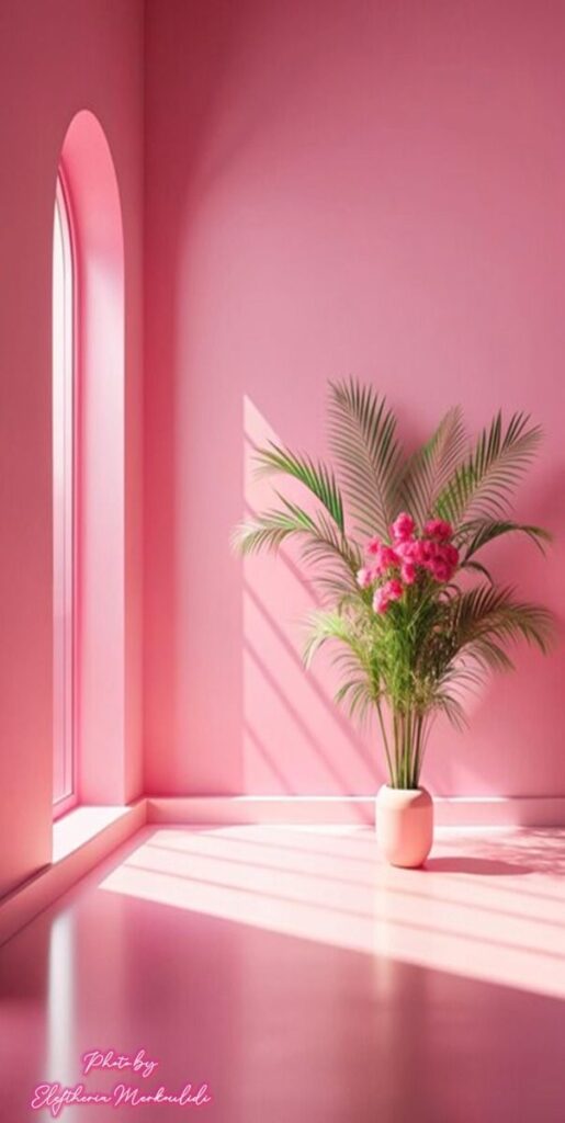 Vibrant pink room with sunlight and a lush potted plant, adding a touch of nature and elegance to the modern interior.