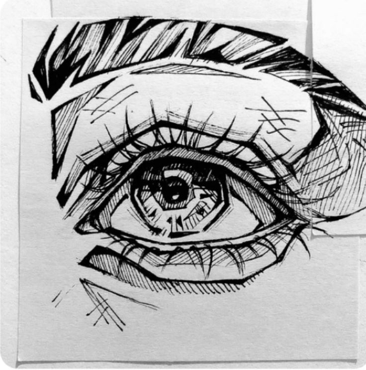 Black and white sketch of a detailed human eye with crosshatch shading on paper.