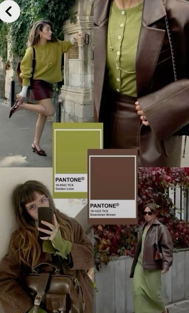 Fashion collage featuring golden lime and downtown brown Pantone colors in stylish outfits and settings.