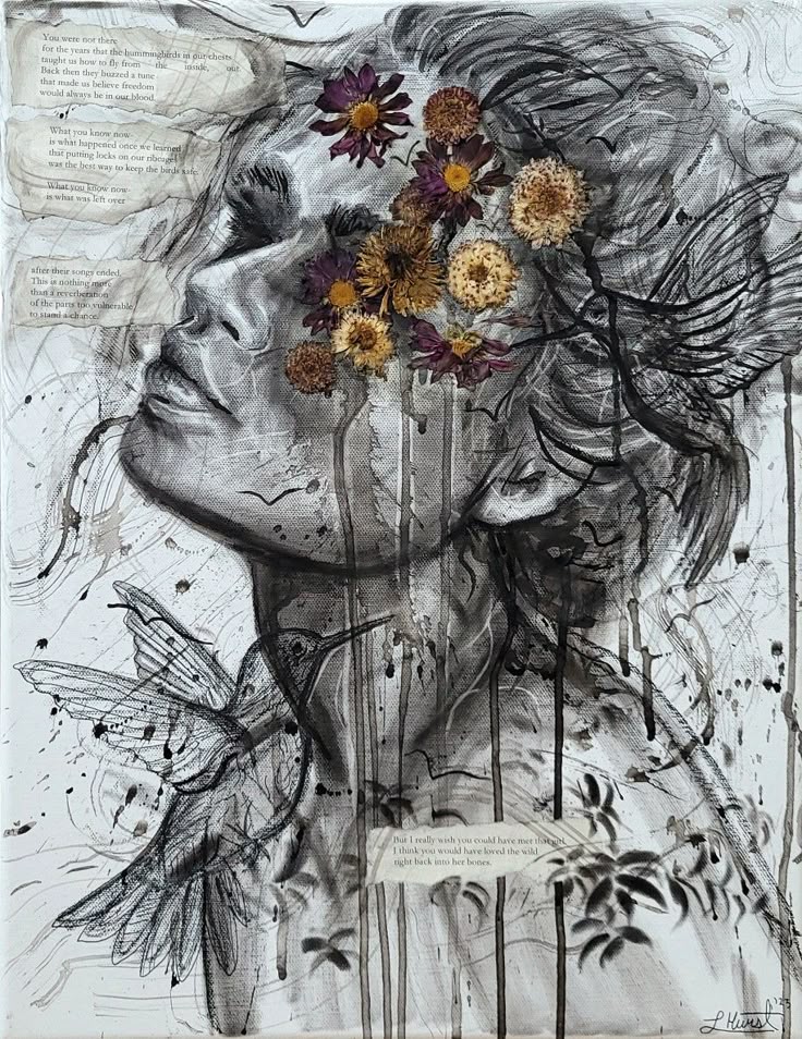 Expressive black and white portrait with flowers and birds, blending nature and art.