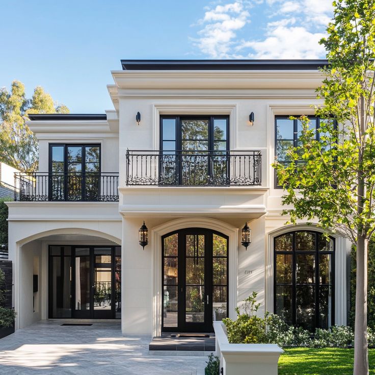 Luxurious modern two-story house with elegant balcony, arched windows, and landscaped garden under blue sky.