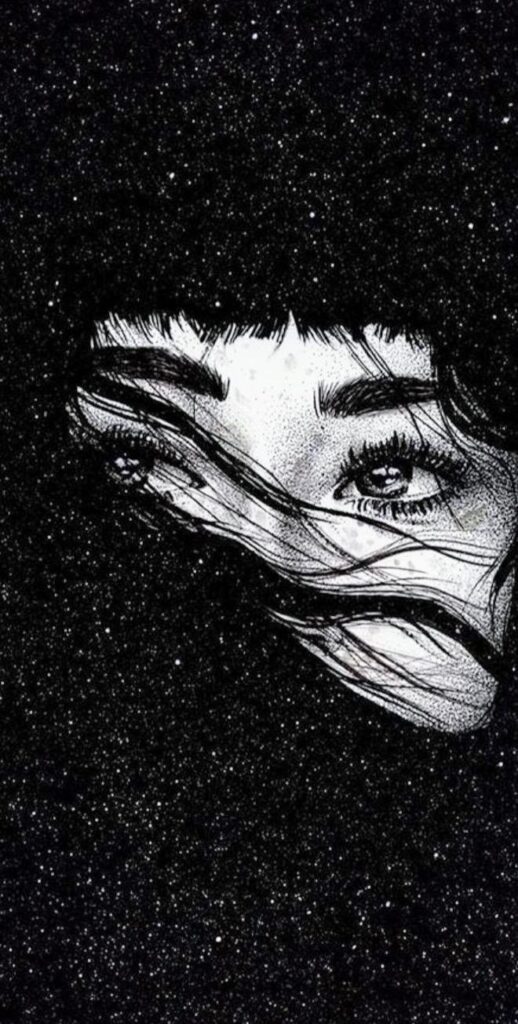 Illustration of a woman's eyes surrounded by swirling lines and a starry night. Mysterious, artistic black and white design.