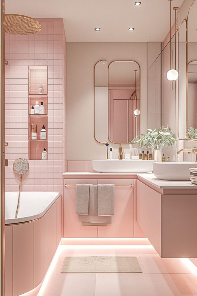 Elegant pink bathroom with modern sink, bathtub, and stylish lighting, featuring gold accents and decorative plants.