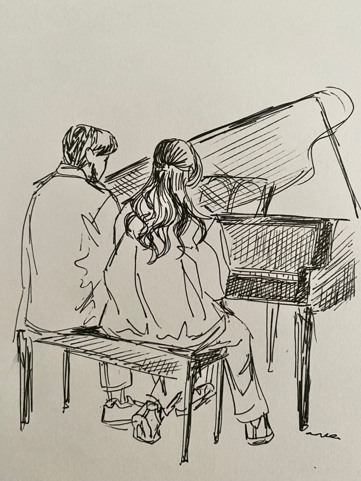 Sketch of two people seated at a piano, playing music together in a warm, artistic setting.