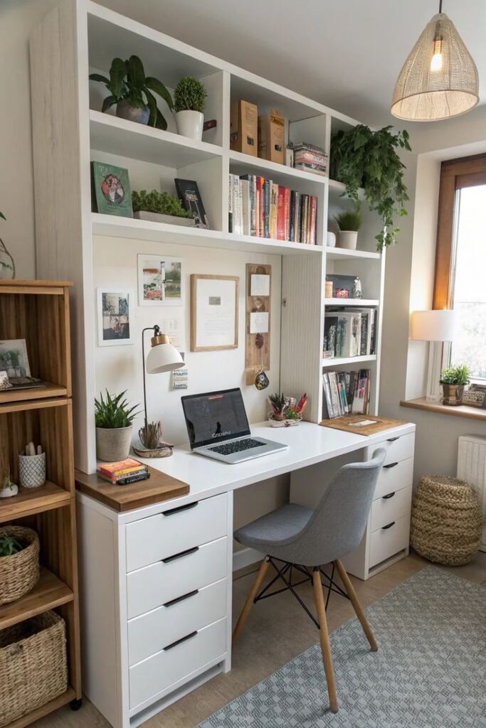 Modern home office with desk, laptop, bookshelves, plants, and cozy lighting for a comfortable workspace.