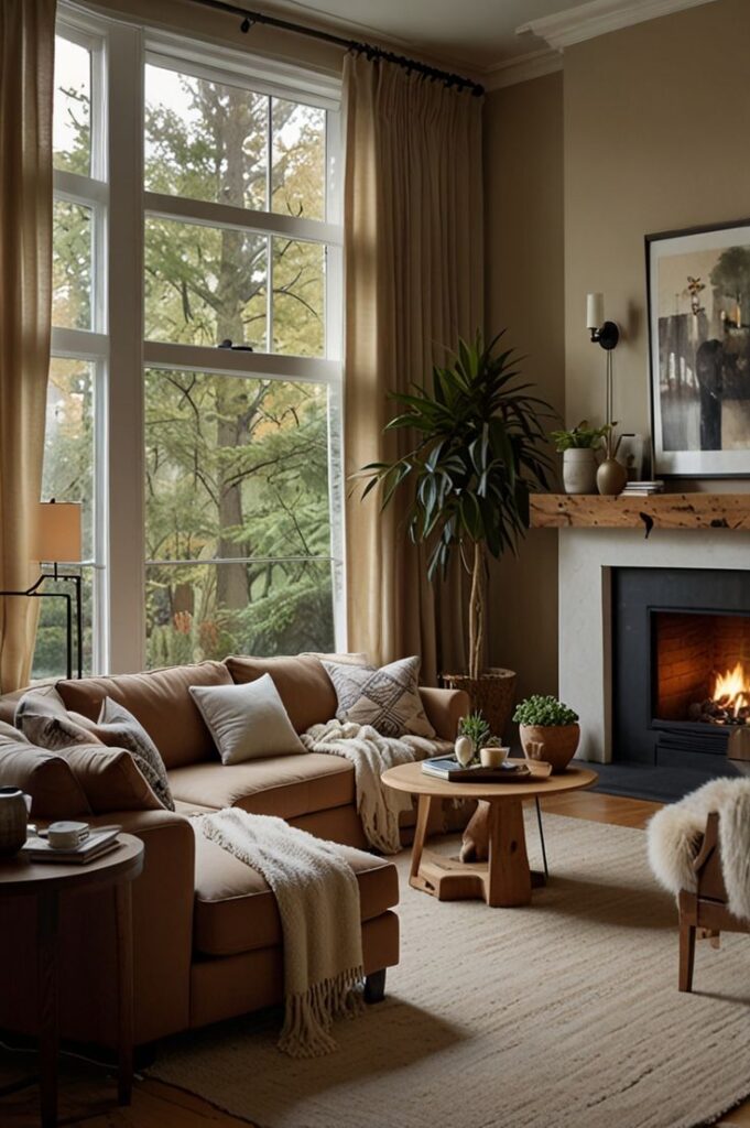 Cozy living room with beige sofa, plants, large windows, and fireplace, creating a warm, inviting atmosphere.