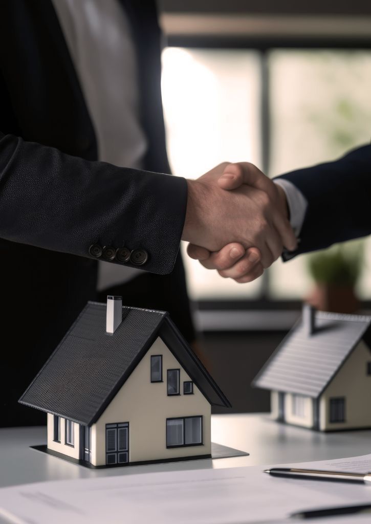 Handshake over model houses, symbolizing a successful real estate deal.